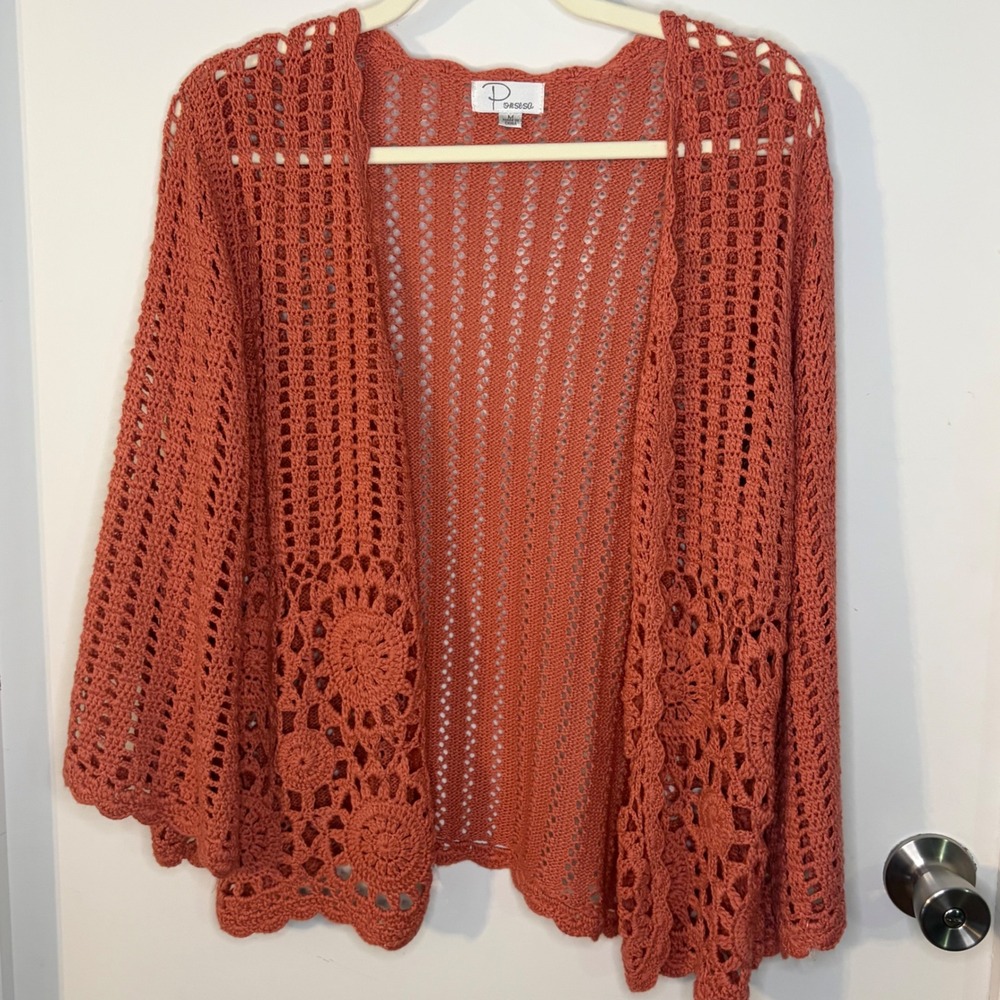 Porsesa Crochet Cardigan Boho Open Front Medallion Womens M Orange Excellent